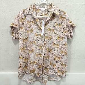 Jane + Delancey Cheetah Print Short Sleeve Button Down Tie Front NWT Small